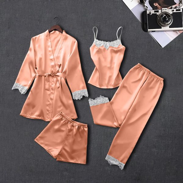 

4pcs one lot pajama sets for women lace lingerie nightwear homewear sleepwear casual solid orange pijama mujer verano, Black;red