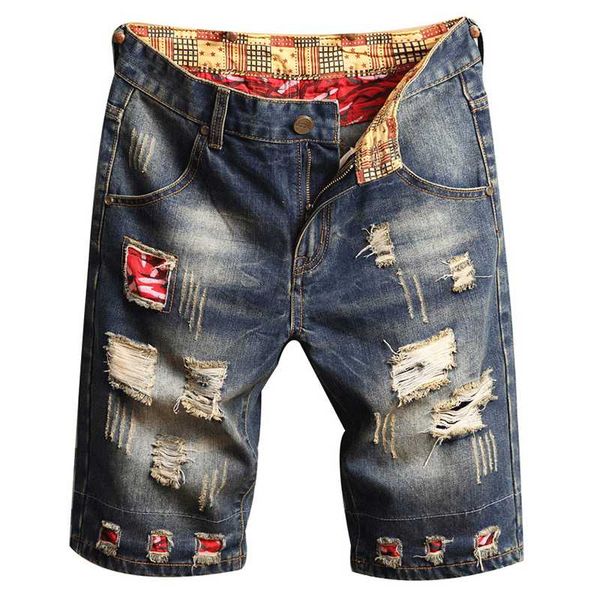 

мужские летние красные лоскутные отверстия рваные джинсовые шорты вскользь уменьшают прямые джинсы до колен длина капри, Blue