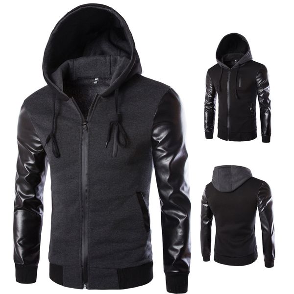 

color matching jackets men autumn winter casual hooded ribbons fake zippers wearing leather rib sleeve male slim coats tide, Black;brown