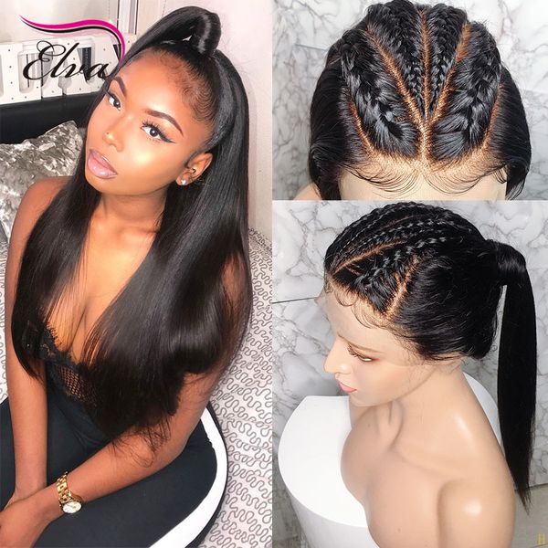 

elva hair straight 13x6 fake scalp 370 lace front human hair wigs pre plucked with baby remy wigs for black women, Black;brown