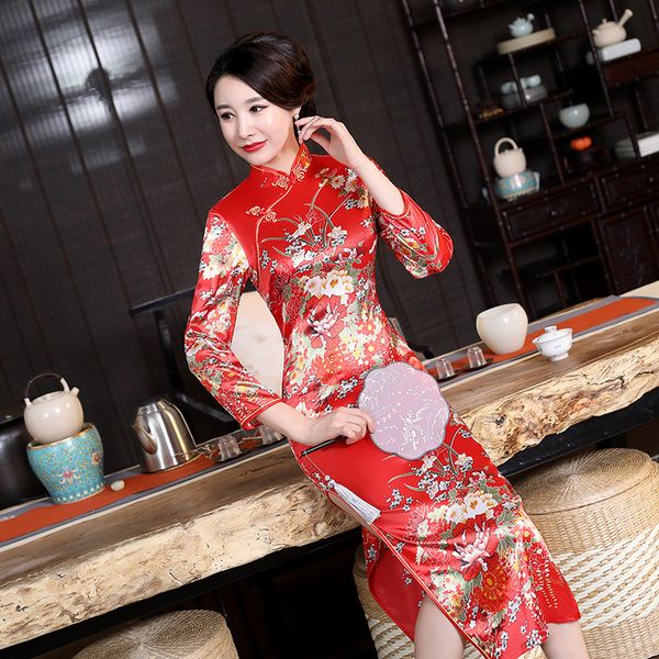 

traditional chinese lady qipao oriental women print flower wedding dress classic red satin cheongsam long vestidos s-3xl