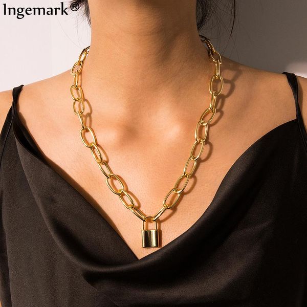 gothic punk lock choker necklace collares statement boho link chunky chain padlock pendant necklace women/men jewelry steampunk, Silver