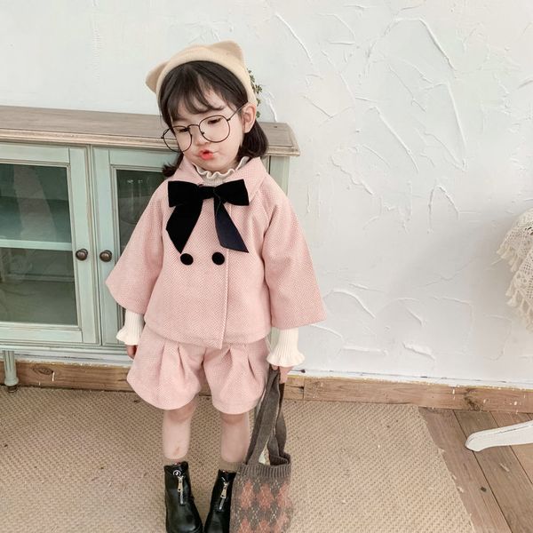 

2020 autumn new arrival girls fashion woolen 2 pieces suit coat+short kids sets with bow girls clothes, White
