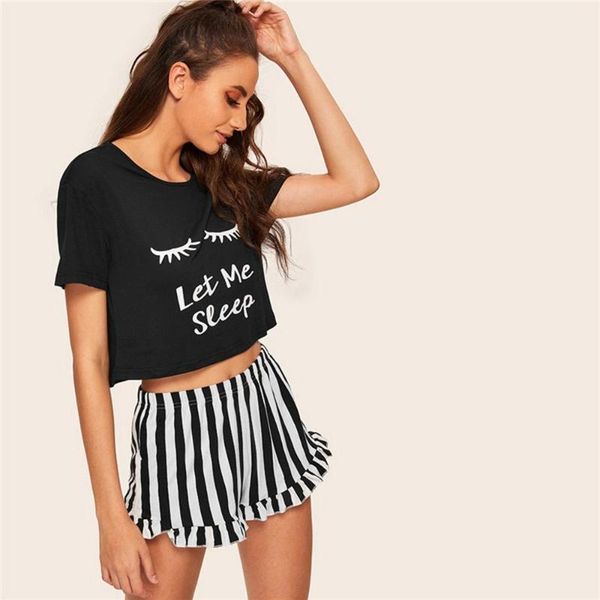 

women pajamas set casual clothing suit female short sleeve t shirt shorts, Black;red