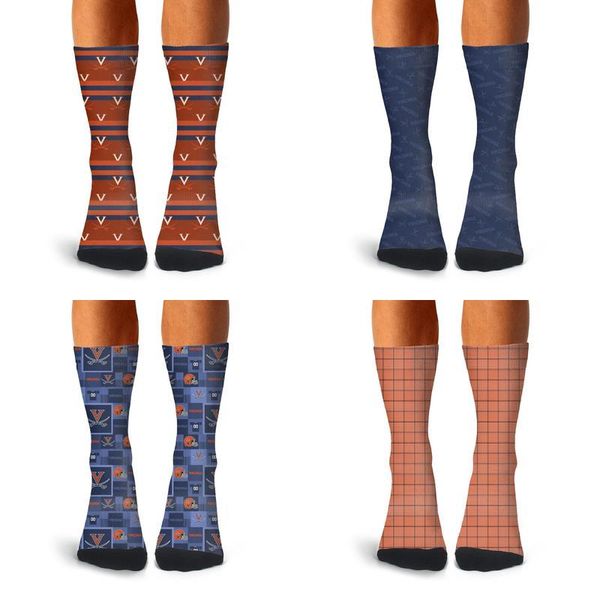 

man virginia cavaliers basketball orange stripe crew socks cotton design thin high ankle non-slid fun dark blue lattice orange white gay, Black