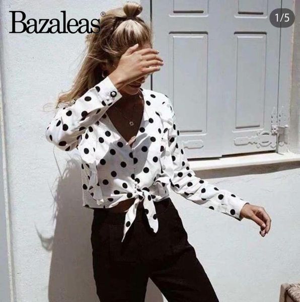

bazaleas vintage center buttons bandage tie blusas mujer de moda 2019 fashion dot print women blouse dropshipping, White