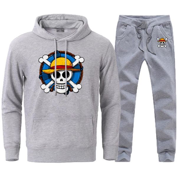 

cartoon one piece skull print sweatshirts hoodies man loose fit tracksuits pants sets 2020 japan anime harajuku sportswear suits, Black
