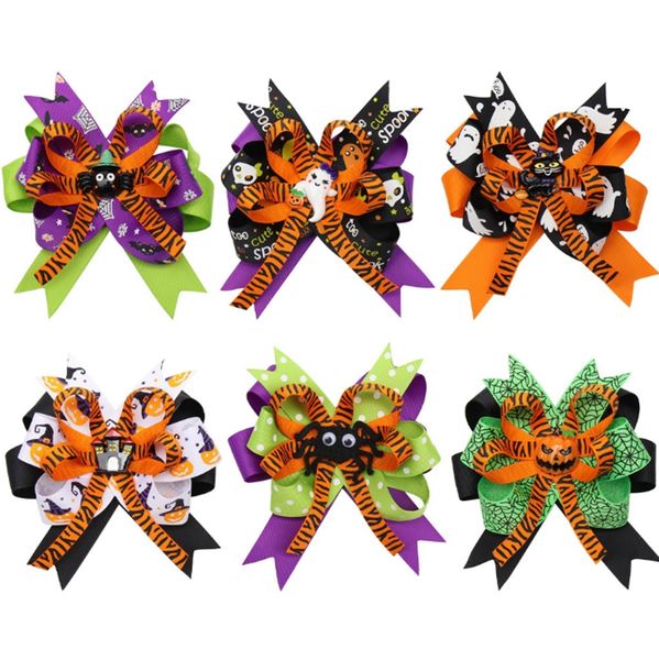 Crianças Hairclip Halloween Cabelo Ribbon Bows meninas Impresso Clipe Truque bonito Patches Partido Festival Hairpin Acessórios 6 Designs DW4339