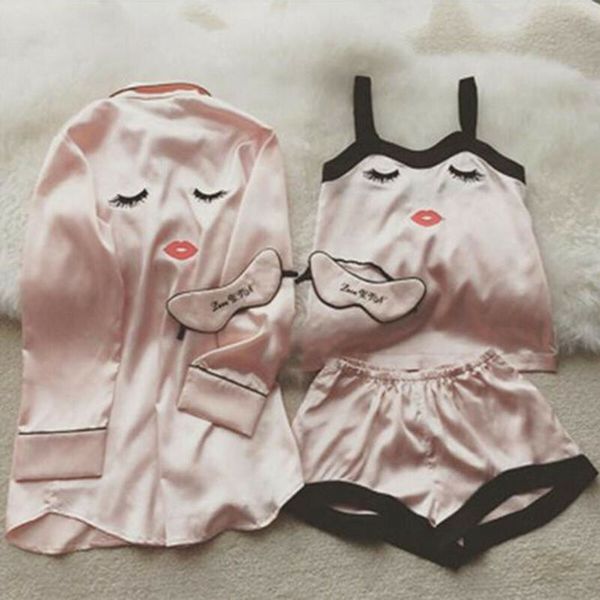

women new fashion 4 pieces pajamas clothes set pink shorts robe eye mask sleepwear womens clothing set, White