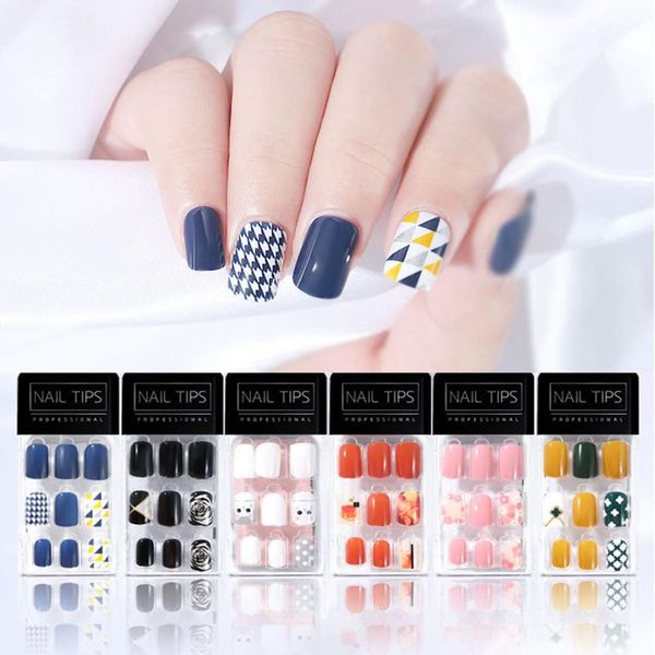 

false nails elegant 30pcs artificial full cover nail tip press on nails short square geometric french design for girls women, Red;gold