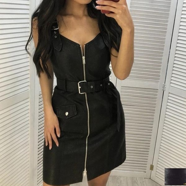 

autumn vestidos vintage summer waist dress european and american style pu leather strap dress women short 2019 festa, Black;gray