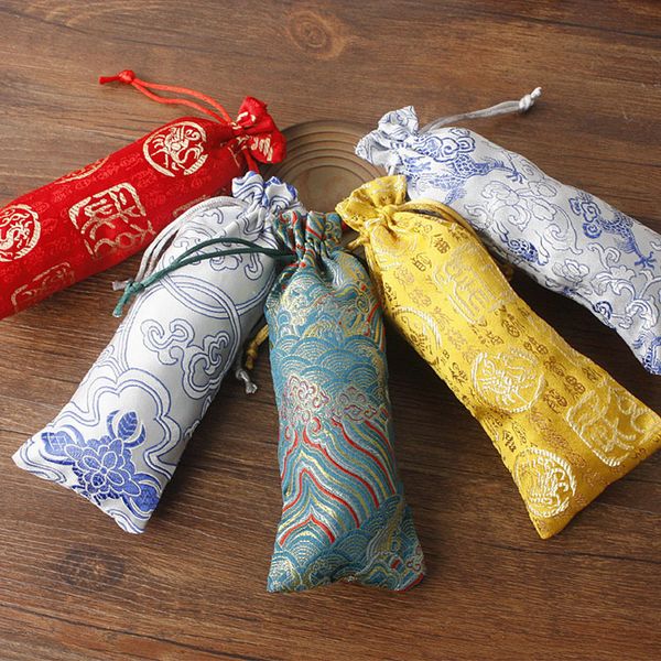 

lengthen flower drawstring pouch chinese silk fabric gift bag wood comb jewelry necklace storage bag