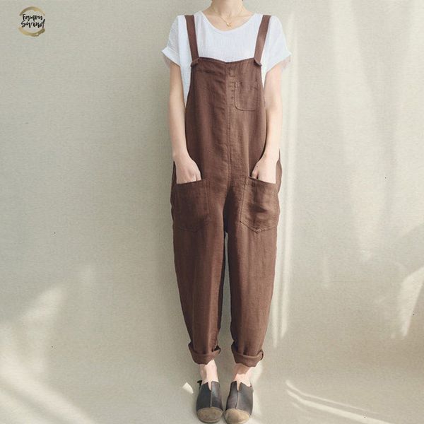 

women summer jumpsuits strappy pockets casual solid cotton linen long female jumpsuits loose womens rompers plus size, Black;white