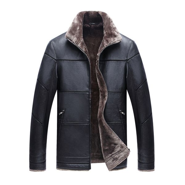 

new arrival men pu leather jackets winter warm leather jackets fashion brand men's fleece solid color jacket coat, Black