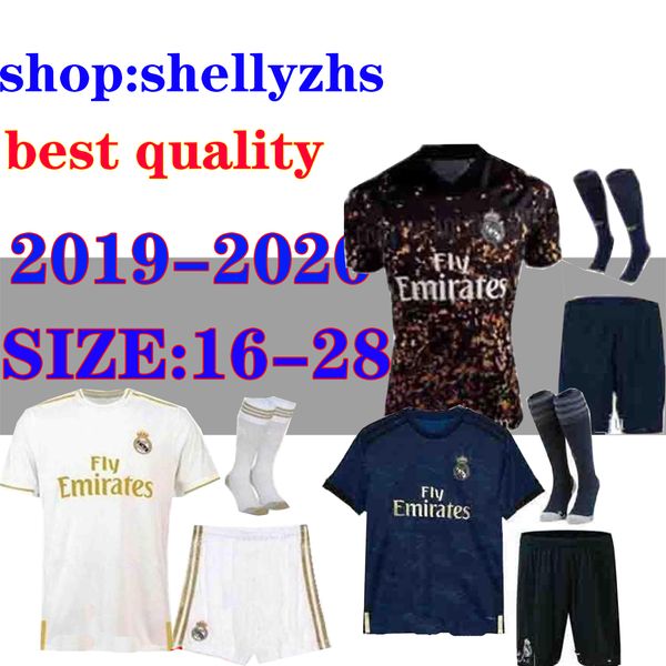

2019 2020 madrid kids kit soccer jerseys ea fourth#23 hazard #9 benzema 19/20 boy football shirts child set real madrid camisas, Black
