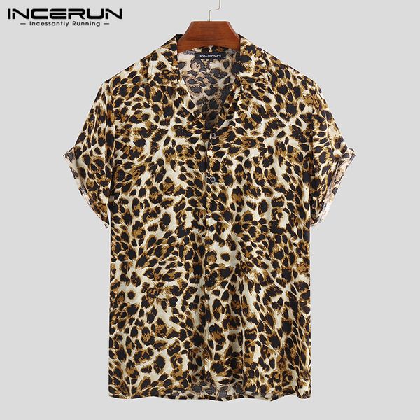 

incerun 2020 fashion shirt men leopard print short sleeve lapel casual hawaiian summer mens shirts camisa streetwear s-5xl, White;black
