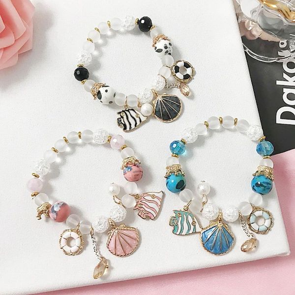 

korean sweet sea style shell crystal beaded bracelet charm bracelet crystal beads bracelets for women beach jewelry gift, Black
