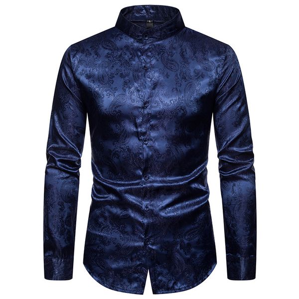 

mens casual satin silk shirts navy paisley shirt 2019 fashion casual slim fit mandarin collar shirt men wedding chemise homme, White;black