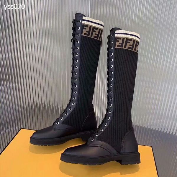 

2020 high end new autumn and winter leather stitching high boots women's straps wild socks boots luxurys flat knit elastic boots, Black