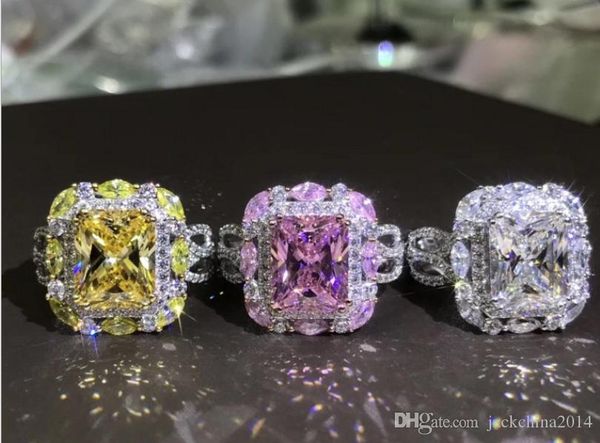 

cool stunning luxury jewelry 925 sterling silver drop shipping princess cut promise multicolor new women wedding band ring for lover gift, Slivery;golden