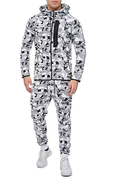 

2020 camouflage printed sportswear men set sports suits for men 2pcs tracksuit hoodies sweatshirt pants sport suit, Gray