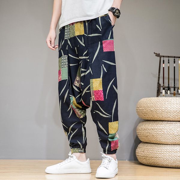 

low crotch trousers men's trend plus size casual harem pants men 2020 new chinese style cotton and linen loose pencil pants, Black