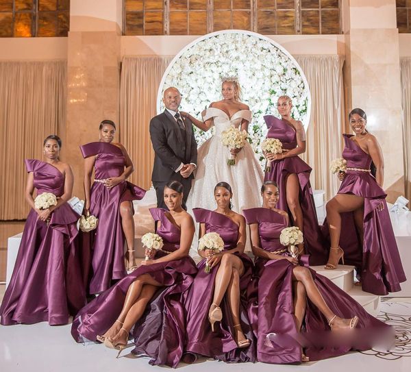 

one shoulder long bridesmaid dresses satin maid of honor african wedding guest dress plus size, White;pink