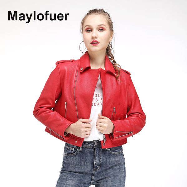 

maylofuer genuine leather jacket women fashion bright colors black motorcycle coat short biker jacket soft coats female
