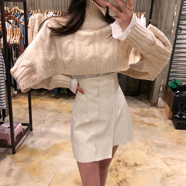 

yamdi women sweater female chic jumper 2019 spring autumn winterhigh collar thick knitted sweater woman cropped pullover, White;black