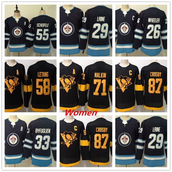 

women's 87 crosby 71 evgeni malkin 58 letang 29 patrik laine 33 byfuglien 55 scheifele 26 wheeler hockey jerseys stitched logos, Black;red