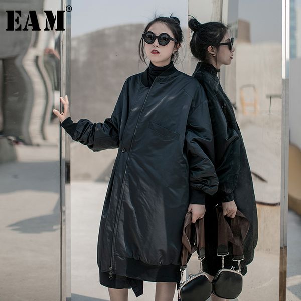 

eam] oblique button big size cotton-padded coat long sleeve loose fit women parkas fashion new autumn winter 2019 19a-a825, Black