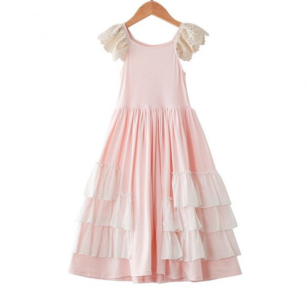 

kids girls ruffles maxi dress pink color halter lace fly sleeve cotton party dress skirts, Red;yellow