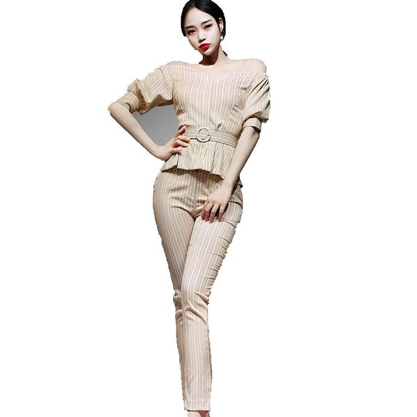 

women's suit summer new fashion tide temperament two-piece slim one-neck collar shirt stripes + pants suit, White
