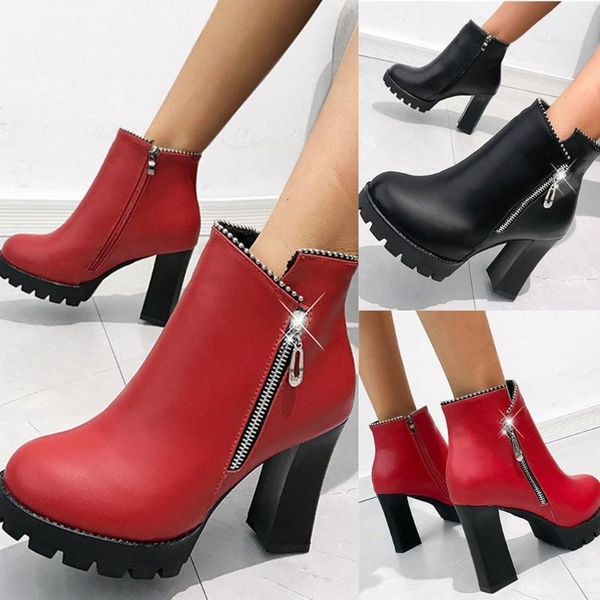 

winter women's platforms crystal padent high platforms heels ankle boots, Black