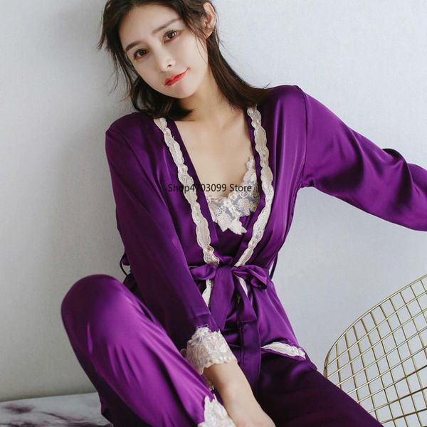 

2019 spring silk pajamas sets for women three pieces satin sleepwear female lace silk pajamas set with belt robe gown sets, Blue;gray