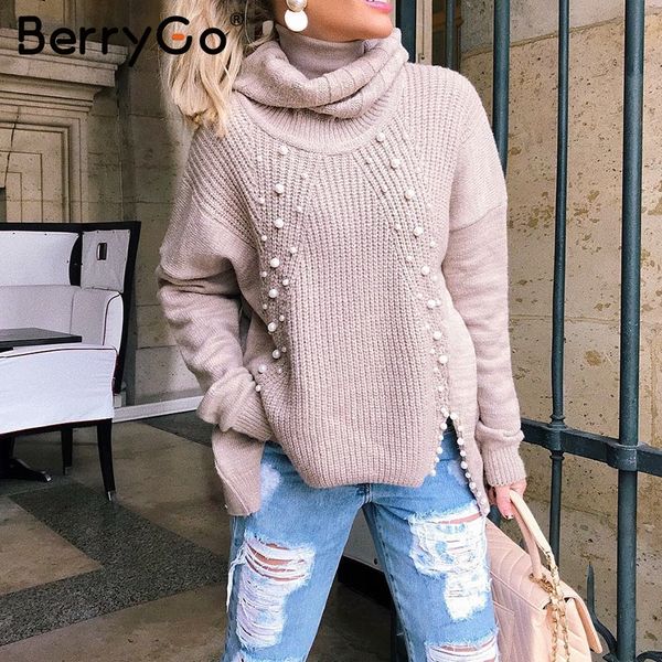 

berrygo beading turtleneck plus size knitted pullover loose split casual sweater women 2018 autumn winter long sleeve jumpers, White;black