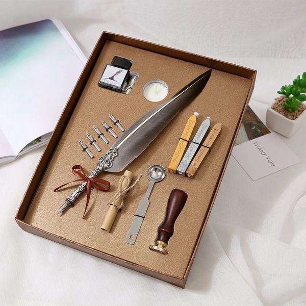 

fountain pen 2019 english calligraphy feather dip pen writing ink set stationery gift box with 5 nib wedding gift quill