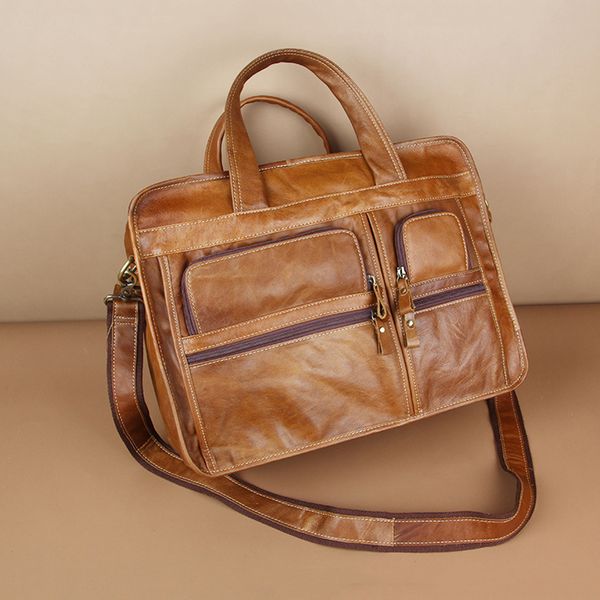 

2020 vintage men's genuine leather briefcase full grain genuine leather business travel bag mens lapbag messenger bags
