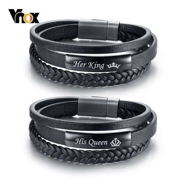 

vnox his queen and her king couple bracelets black braided genuine leather promise love pulseira gifts, Golden;silver