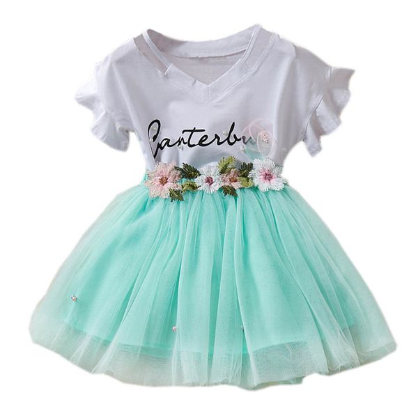 

girls clothes summer kids set cute bowknot pearl short sleeve t-shirt +flowers ball gown skirt 2pcs girls fashion clothing set, White