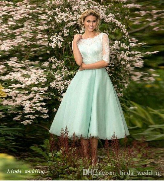 2019 Mint Green Júnior Dama de Honra Dria New Lace Chá Comprimento Curto Lace Country Country Party Dress Plus Size Vestido de Festa de Casamento