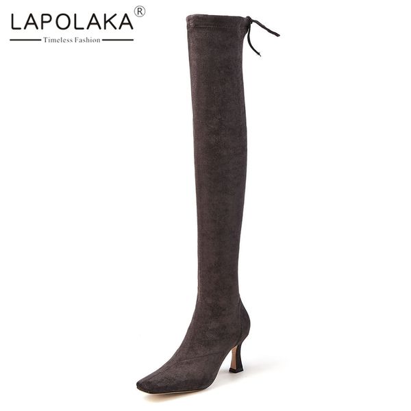 

lapolaka big size 43 party boots woman shoes zipper add fur square toe strange style over the knee boots female shoes woman, Black