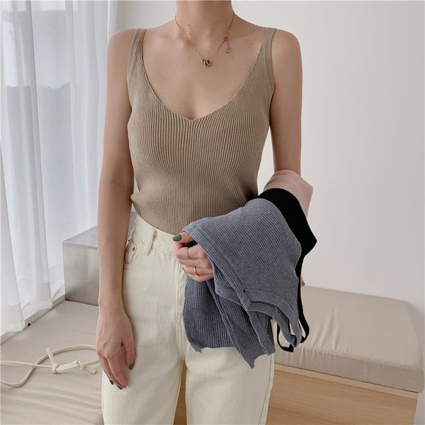 

2019 summer fashion knitted women tank low cut loose camis solid color women xl-4xl, White