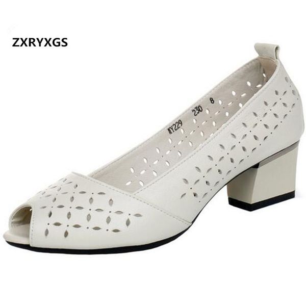 

2020 new summer hollow cowhide fish mouth shoes woman sandals elegant comfort leather sandals high heel shoes tide, Black