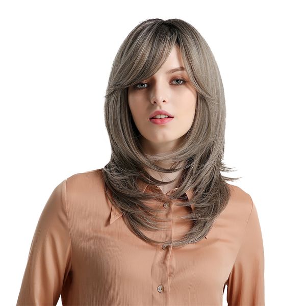 

20inch chic lady straight resistant wig w/ bangs for daily theme party gray, Black