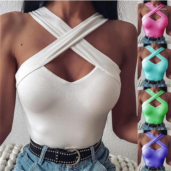 

клуб дамы tops лето sexy женщин crop top v шеи сплошной цвет criss cross тощий для женщин танков повседневный конструктор, White