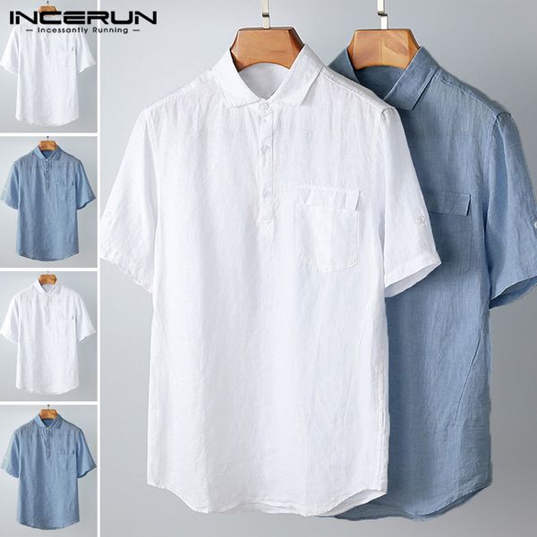 

incerun men plain short sleeve shirts casual turn down collar shirt man solid color button blouse business leisure pockets, White;black