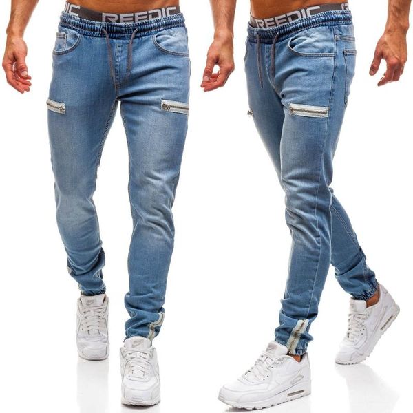 

men's denim fabric casual frosted zipper design sports jeans, Blue