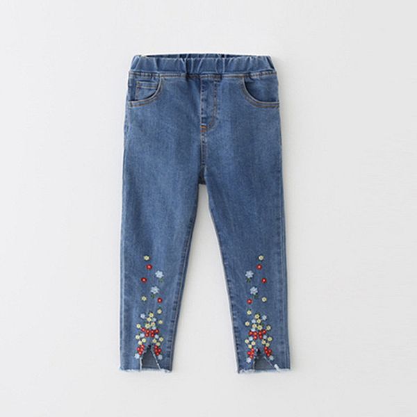 

new arrival spring children girls casual jeans kids fashion floral embroidery distrressed jeans pants for girls 3-8 years, Blue
