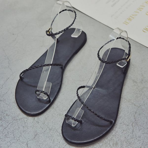 

plus size thong sandals summer women flip flops weaving casual beach flat with shoes rome style female sandal low heels, Black